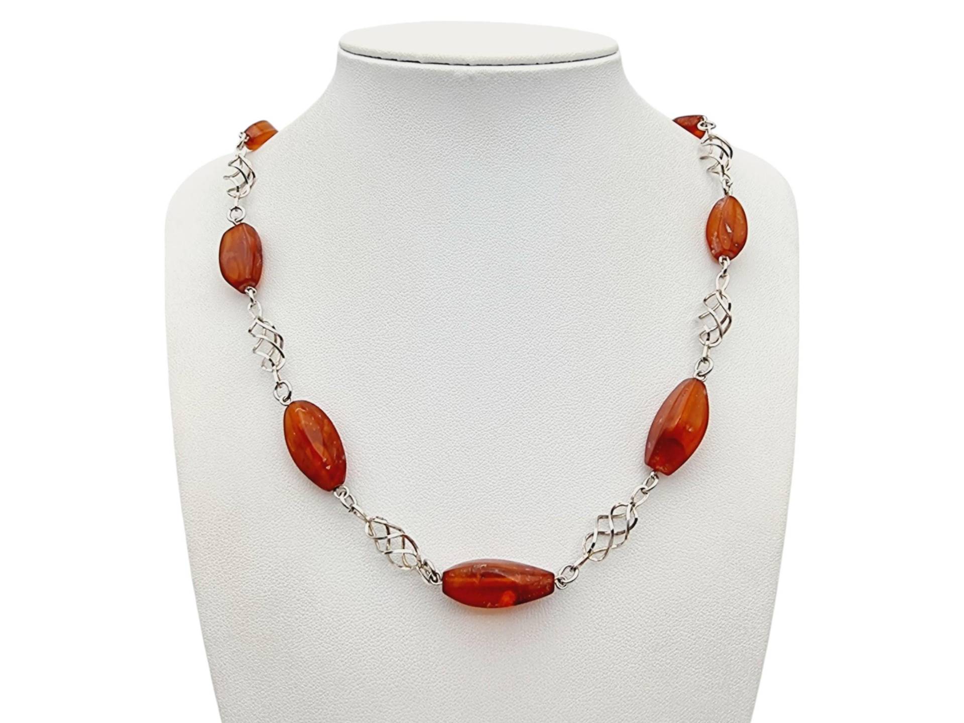 Vintage Silver Necklace With Amber Stones - Openwork Link Design 70cm 19.7G von detaschmuck