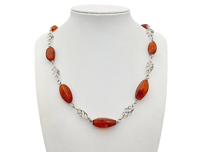 Vintage Silver Necklace With Amber Stones - Openwork Link Design 70cm 19.7G von detaschmuck