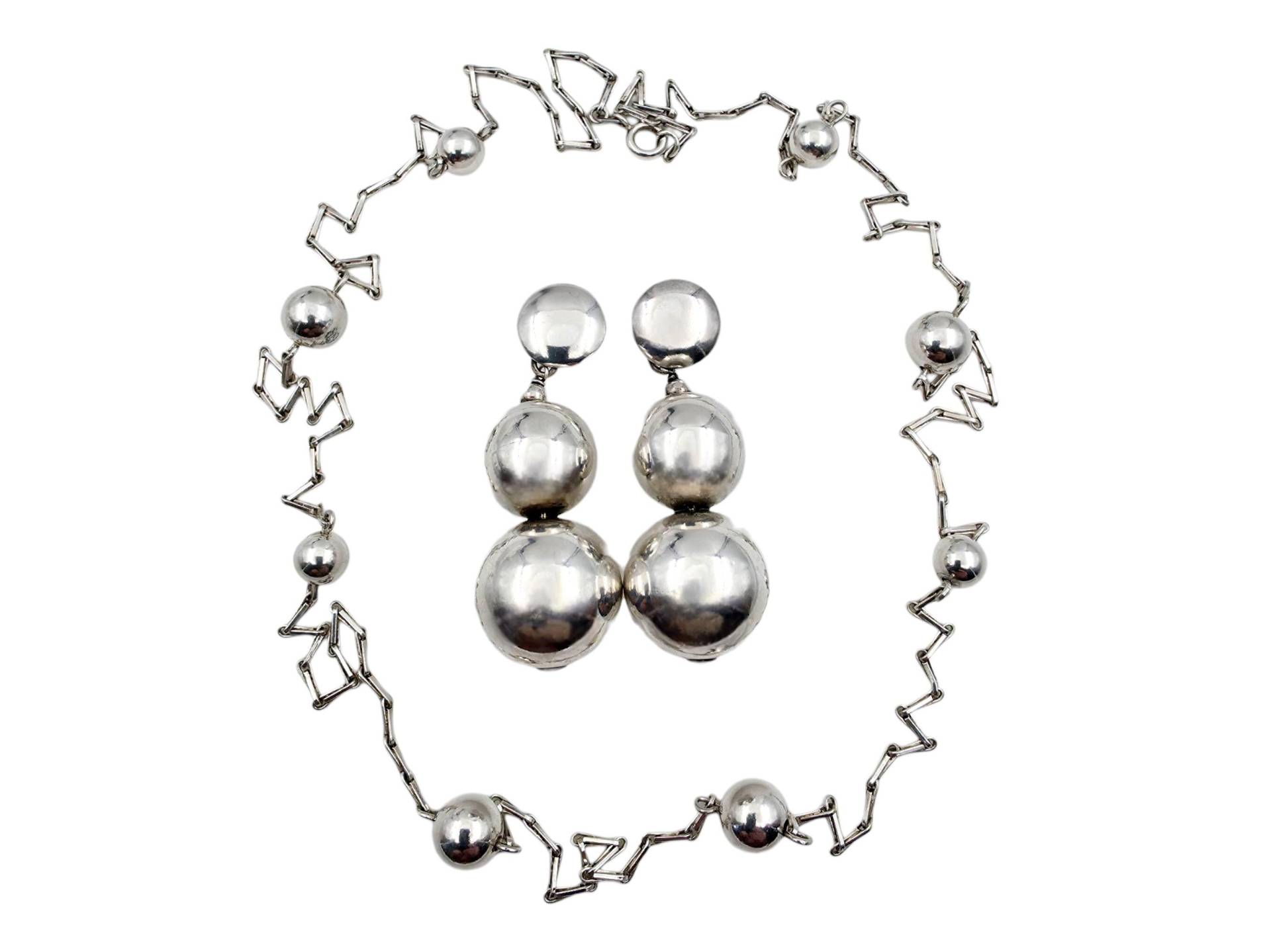 Vintage Silver Necklace & Bold Drop Earrings Set - Modernist Statement Jewelry, 1980S Minimalist Sphere Design von detaschmuck