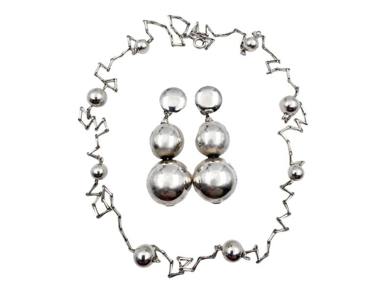 Vintage Silver Necklace & Bold Drop Earrings Set - Modernist Statement Jewelry, 1980S Minimalist Sphere Design von detaschmuck