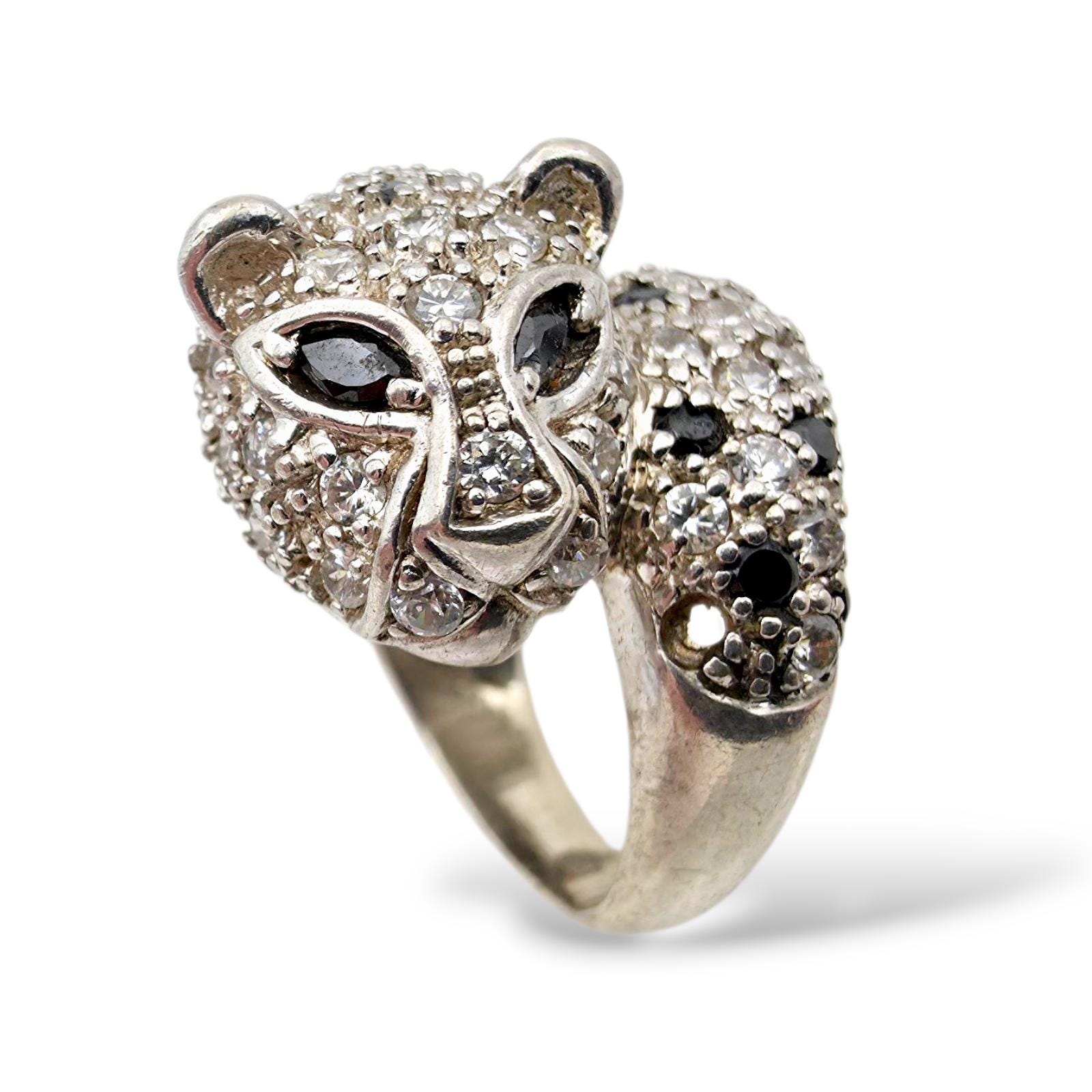 Vintage Silver Panther Leopard Ring With Black & White Cz - Animal Statement Cocktail Eu 51 | Us 5.5 von detaschmuck