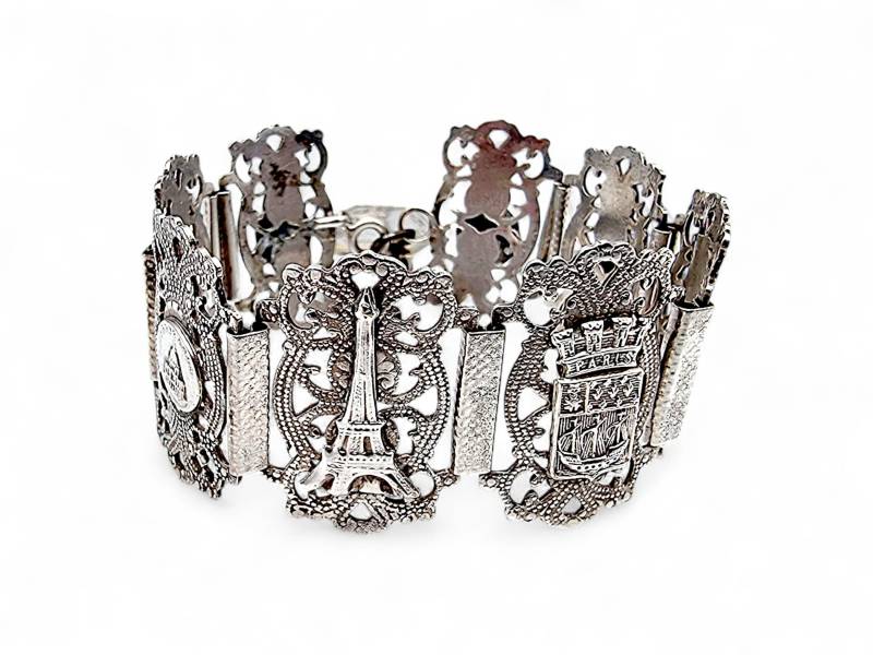 Vintage Silver Paris Landmark Bracelet | Eiffel Tower & Arc De Triomphe Filigree Souvenir Jewelry 1950S French Tourist Charm von detaschmuck
