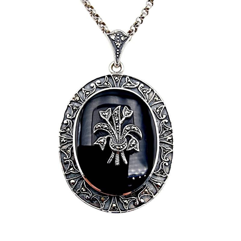 Vintage Silver Pendant Necklace With Black Onyx & Fleur-De-Lis Engraving, Art Deco Revival, 925 von detaschmuck