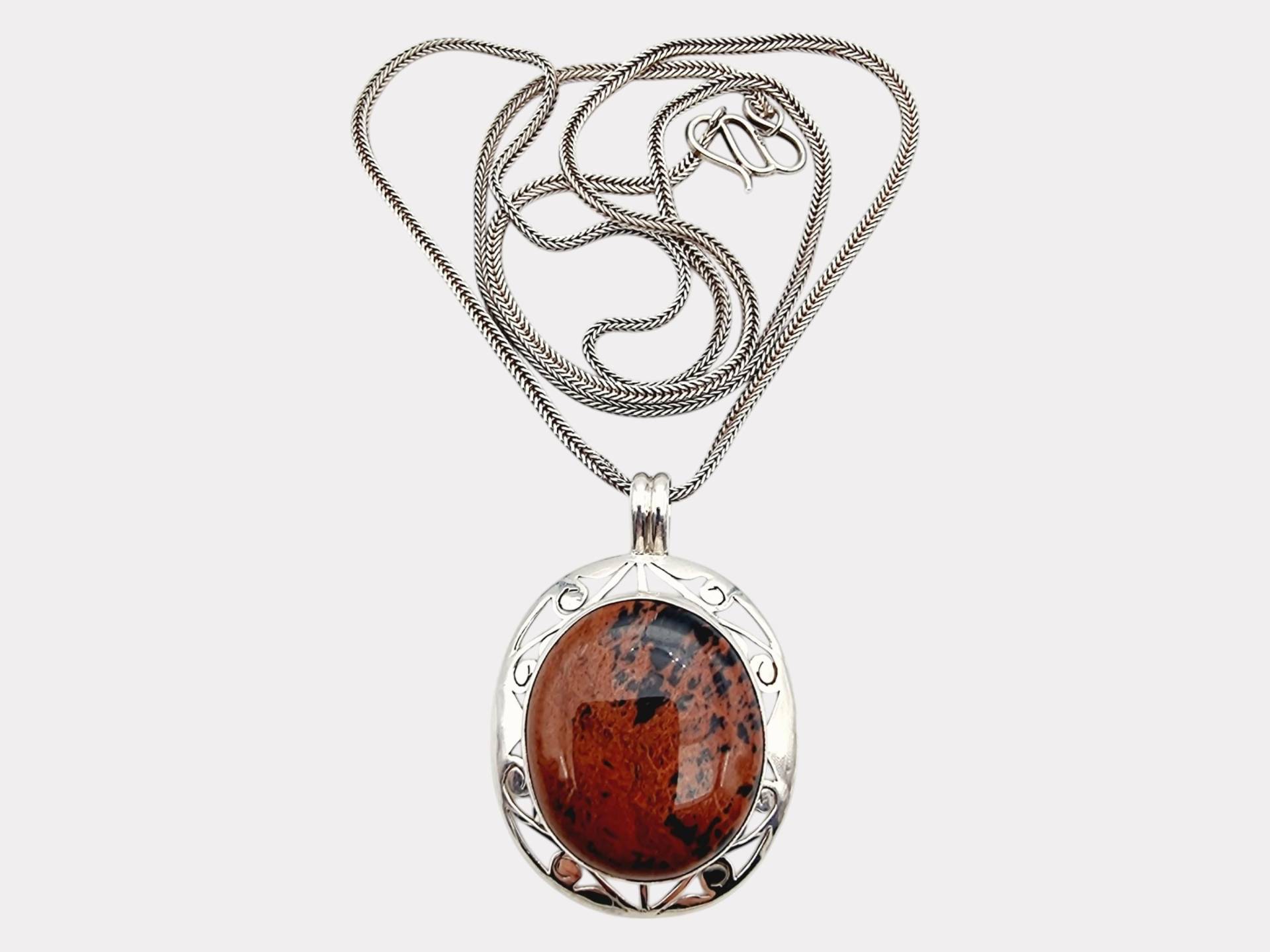 Vintage Silver Pendant Necklace With Large Jasper Stone, Unique Boho Design, 71 cm von detaschmuck