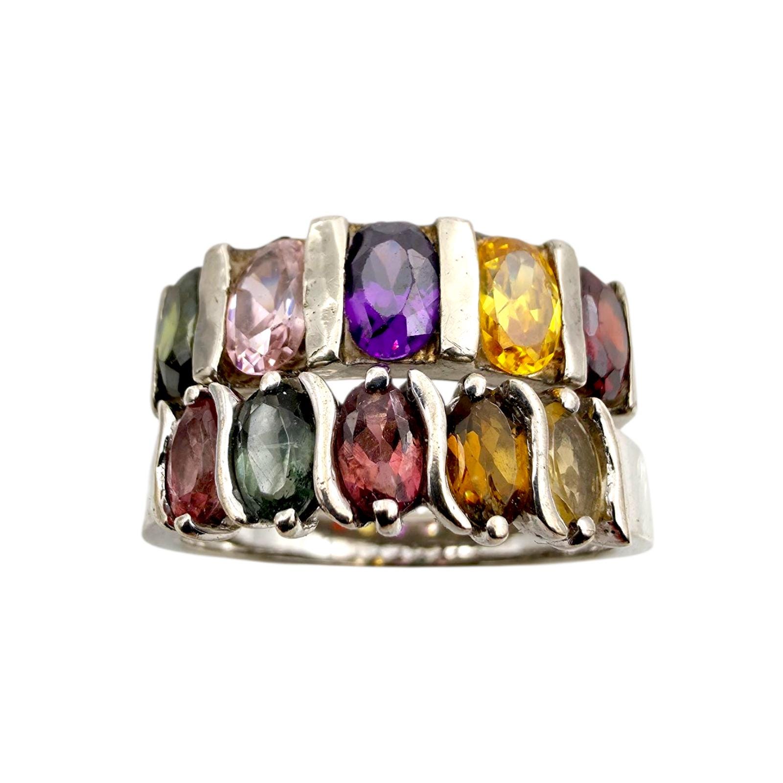 Vintage Silver Rainbow Ring Set | Eu 59.5 - 57 | Us 9.25 8 Amethyst, Citrine, Garnet, Tourmaline, Smoky Quartz, Pink Quartz von detaschmuck