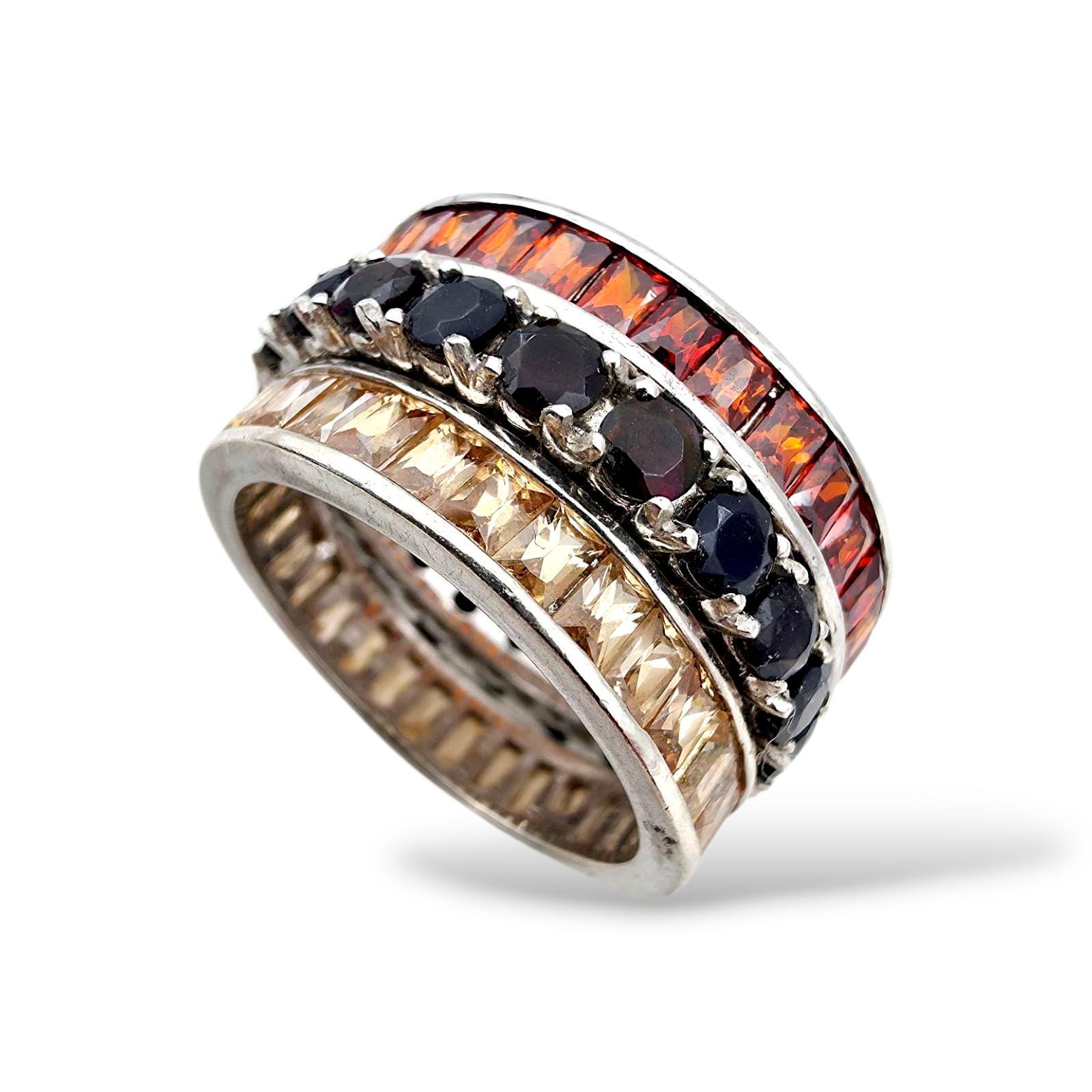 Vintage Silver Ring Set With Red, Yellow & Dark Blue Crystals - Stackable 3-Band Design, Size Eu 56/60/53 | Us 7.5/9/6.5 von detaschmuck