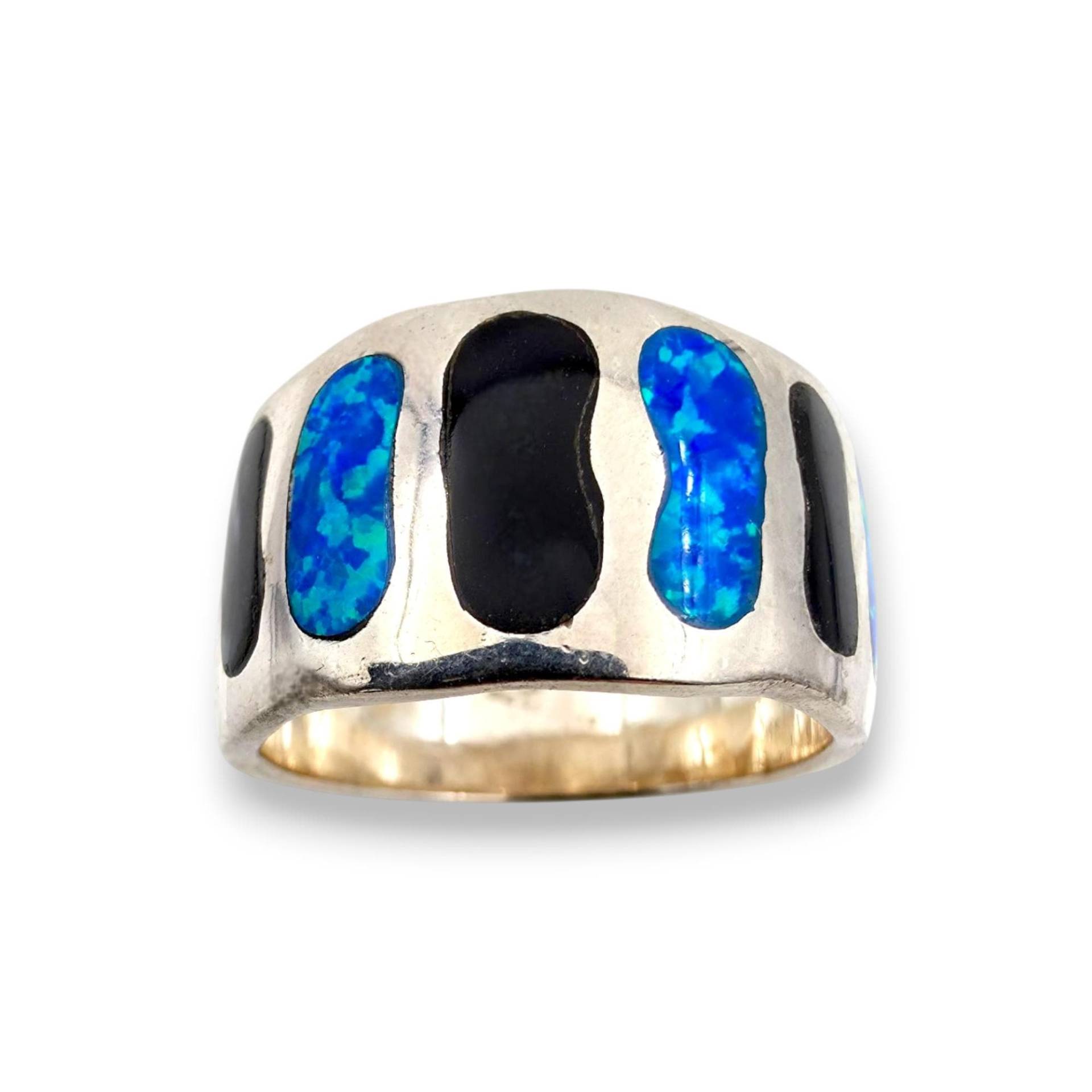 Vintage Silver Ring With Blue Opal & Black Inlay - Wide Band Modernist Statement | Eu 57/Us 8 von detaschmuck