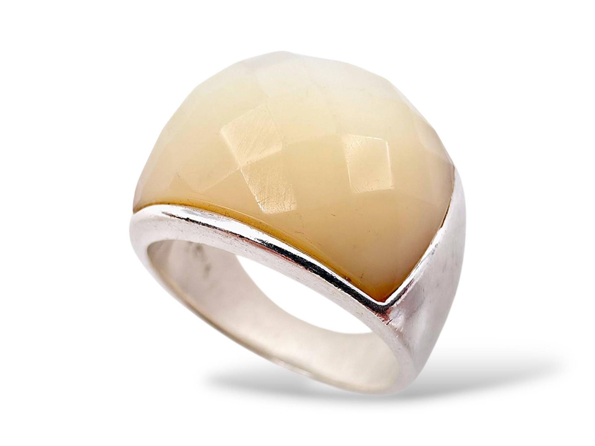 Vintage David Sigal Sterling Silver Ring - Faceted Cream Agate Dome, Modernist Designer Statement Jewelry, Size 60 | Us 9 von detaschmuck