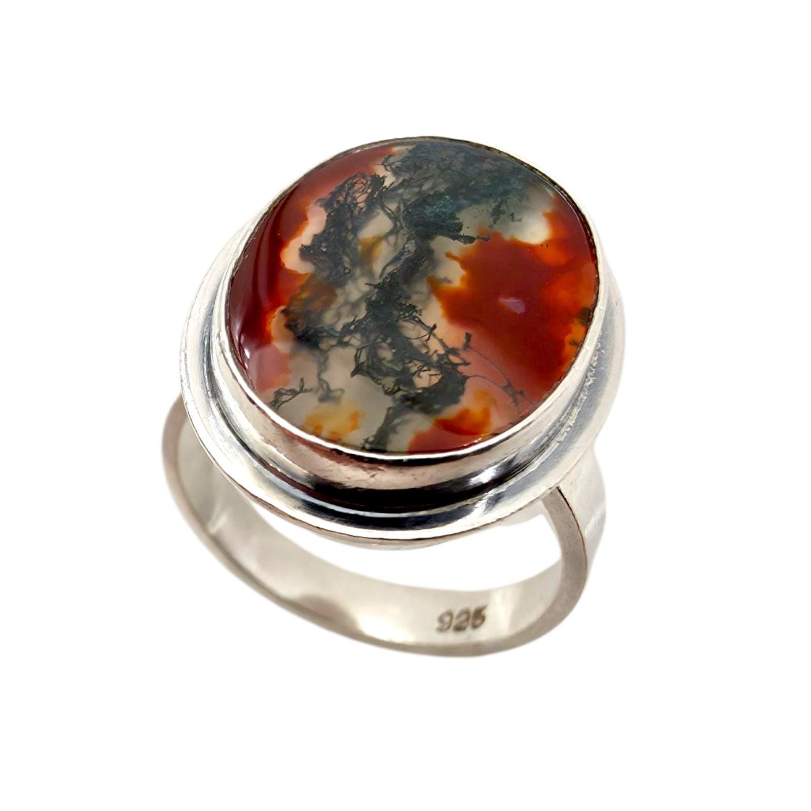 Vintage Silver Ring With Moss Agate Cabochon | Oval 19×14mm Statement Size Eu 55 | Us 7.5 von detaschmuck
