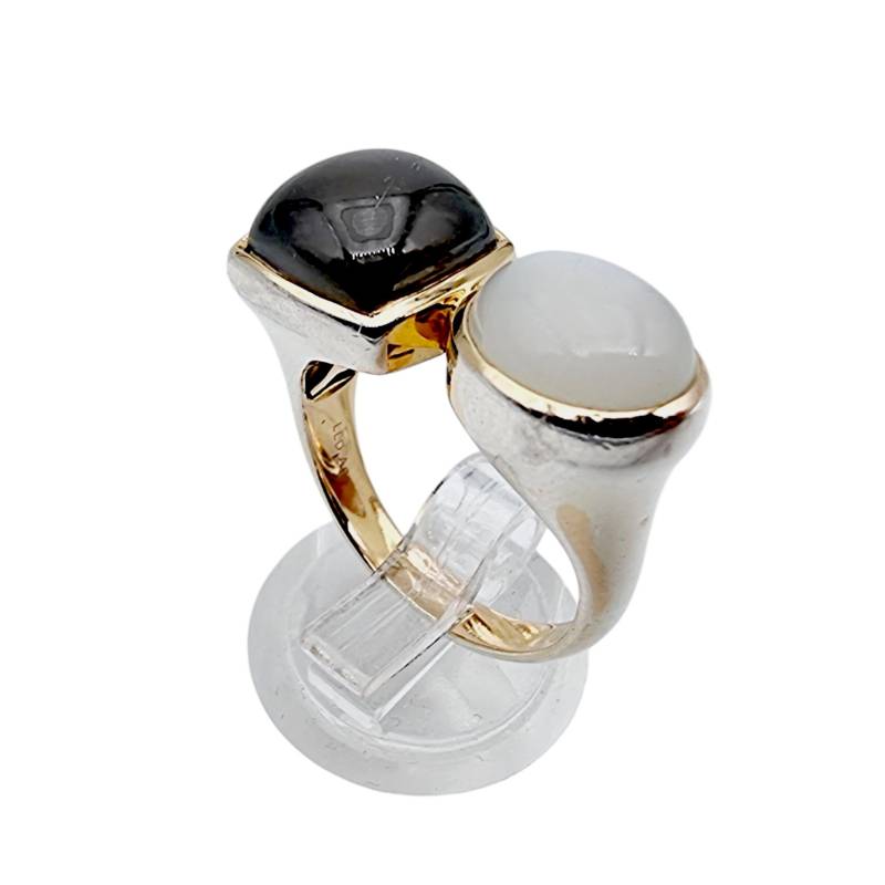 Vintage Silver Ring With Onyx & Moonstone Cabochons - Modernist Bypass Style 7.48G Statement Eu 57 | Us 8 von detaschmuck