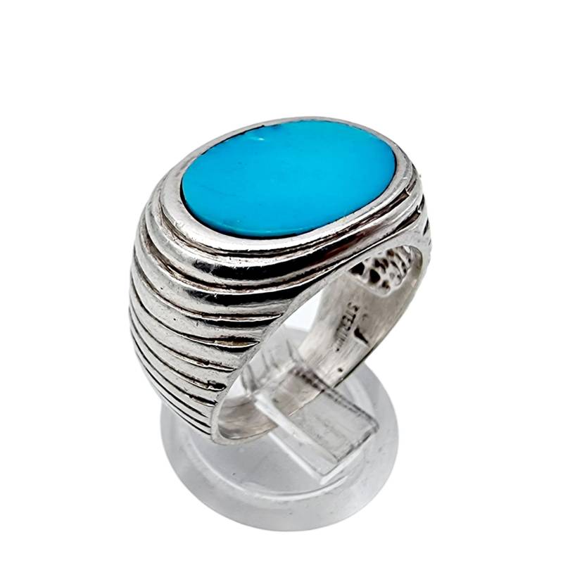Vintage Silver Ring With Oval Turquoise Cabochon - Modernist Ridged Design, Sterling Eu 55 | Us 7 von detaschmuck