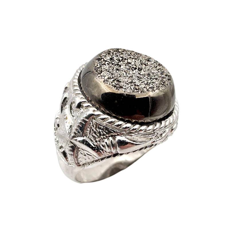 Vintage Silver Ring With Pyrite Druzy | Bold Men's Statement Sterling 925 Ornate Design Size Eu 62 | Us 10.5 von detaschmuck