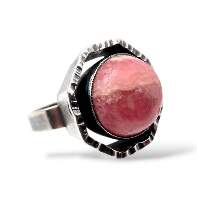 Vintage Silver Ring With Rhodochrosite Cabochon | 935 Silver, Modernist Design Eu 53.5 | Us 6.5, Bold Geometric Pink Stone von detaschmuck
