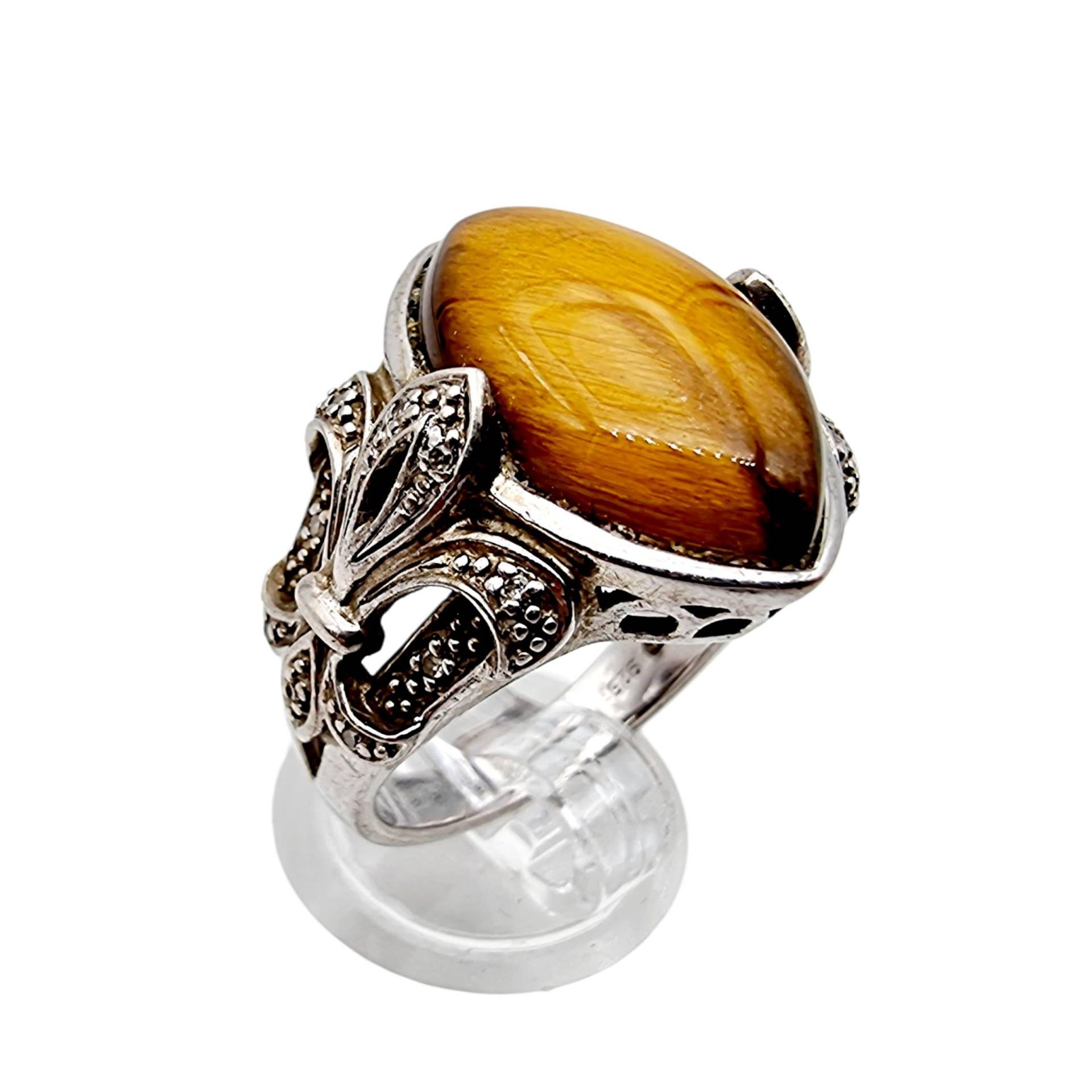 Vintage Silver Ring With Tiger's Eye | Eu 57/Us 8 - Fleur-De-Lis Design, Ornate Statement Jewelry von detaschmuck