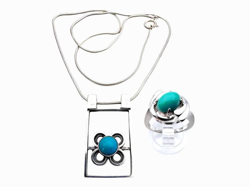 Vintage Silver Set With Turquoise Stones - Modernist Design Ring & Necklace von detaschmuck