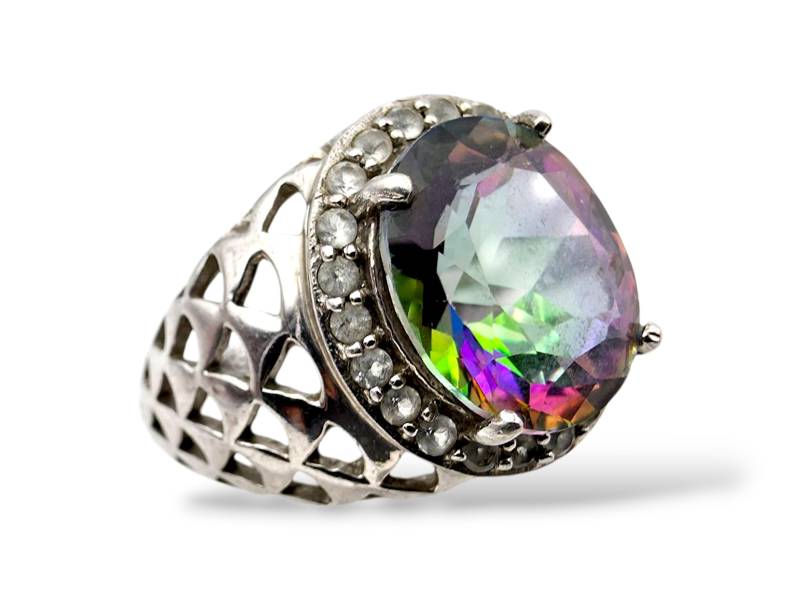 Vintage Silver Statement Ring Eu 57 | Us 8, Mystic Topaz Cocktail With Accent Stones, Lattice Design 1980S Jewelry von detaschmuck