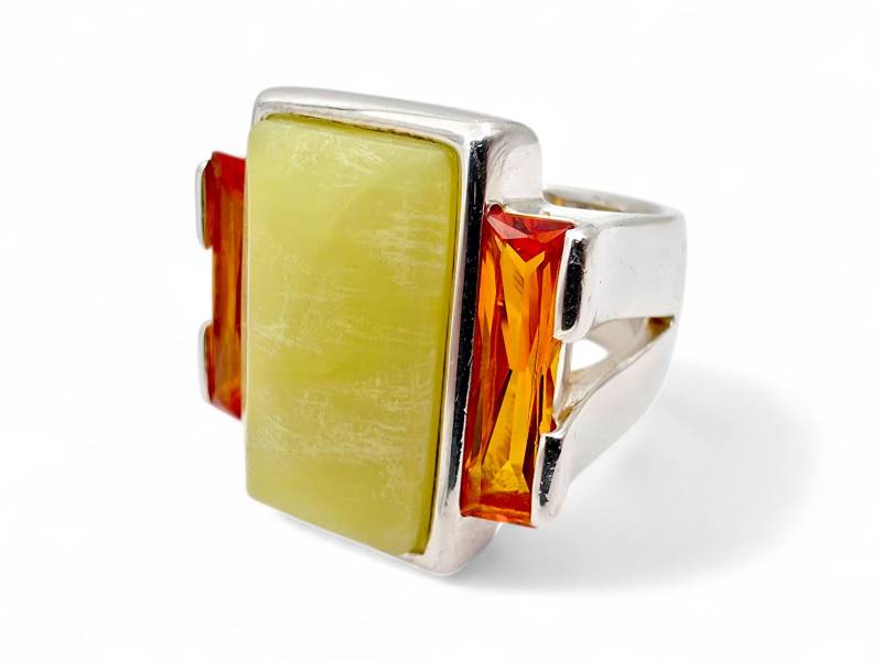 Vintage Silver Statement Ring - Large Yellow Center Stone With Orange Side Stones 20.85G Bold Retro Jewelry Eu 59 | Us 8.75 von detaschmuck