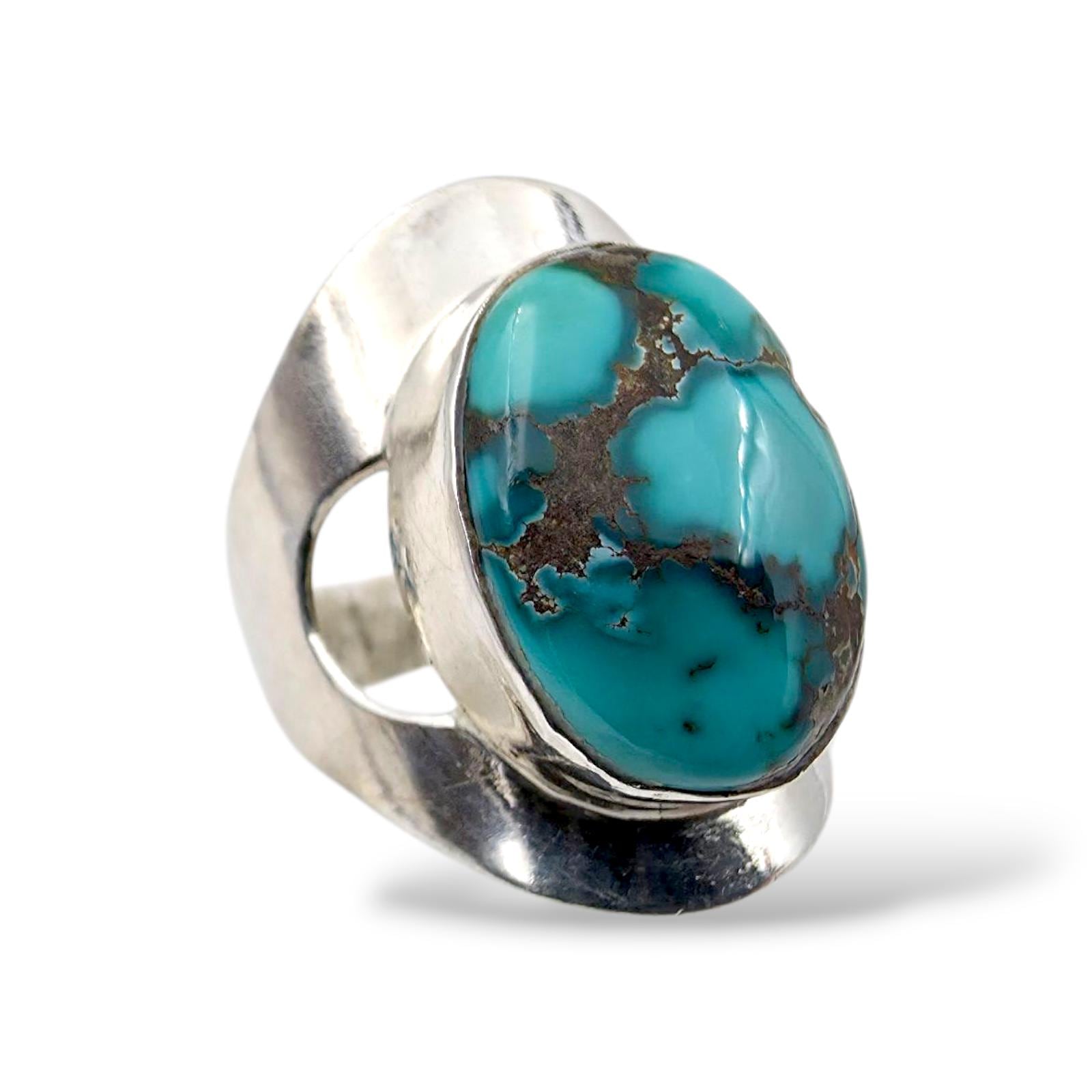 Vintage Silver Turquoise Ring | Modernist Wide Band Boho With Natural Blue Matrix Stone | Eu 53/Us 6.5 von detaschmuck
