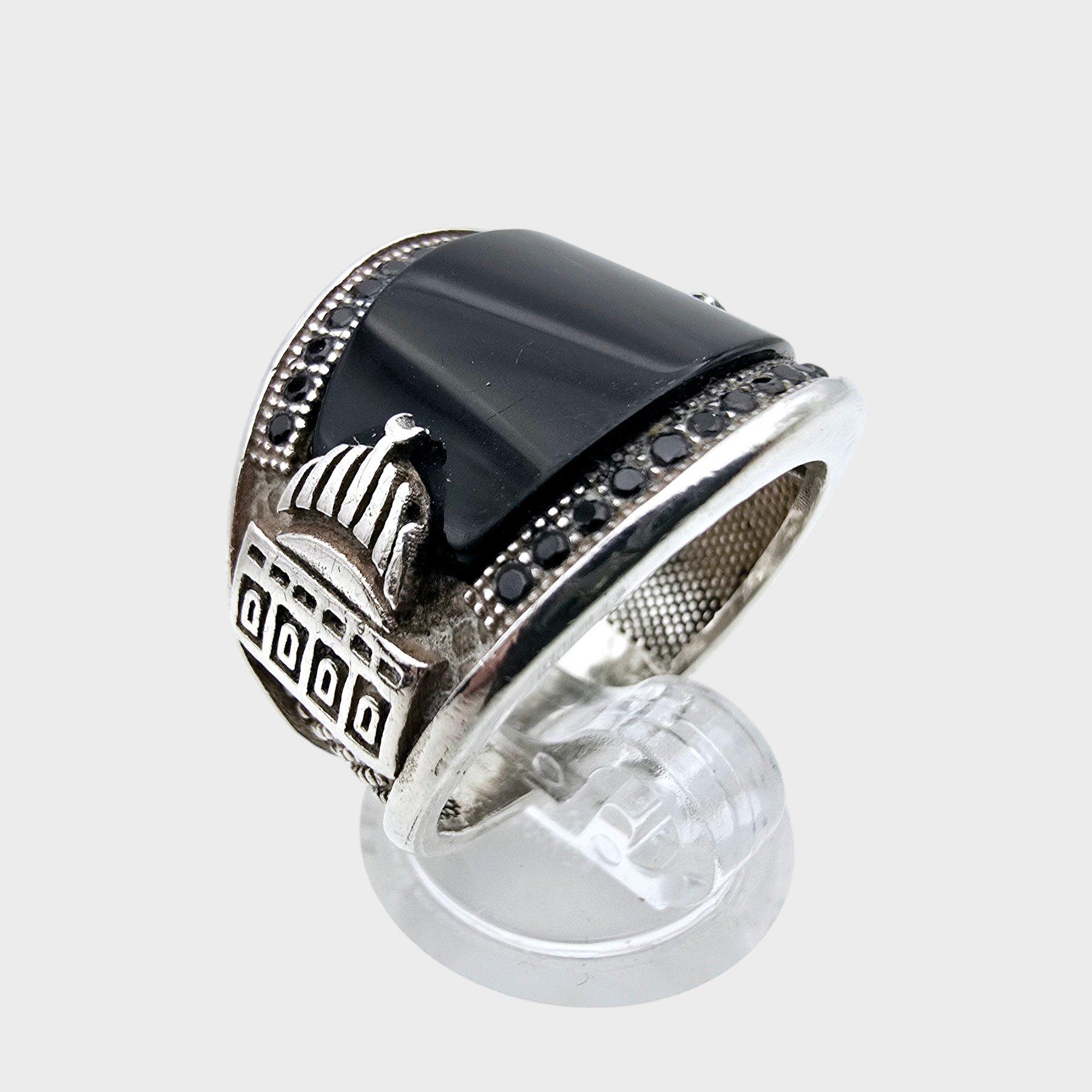 Vintage Silver & Black Onyx Jerusalem Ring | Symbolic Architecture Design, Size 57 | Us Size 8 von detaschmuck