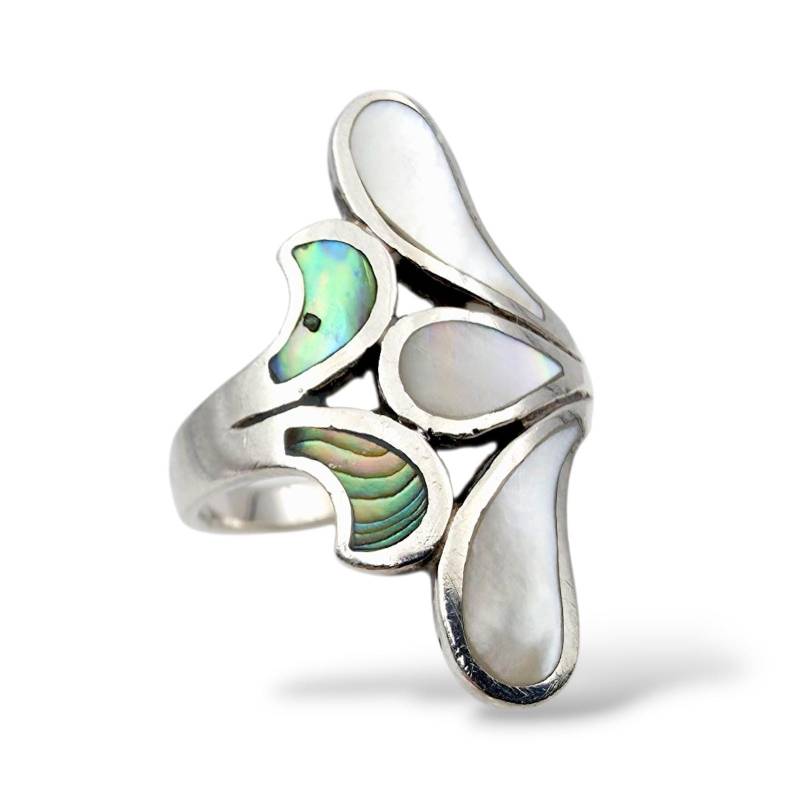 Vintage Sterling Silver Abstract Design Ring With Abalone & Mother Of Pearl Inlay, Size 61 von detaschmuck