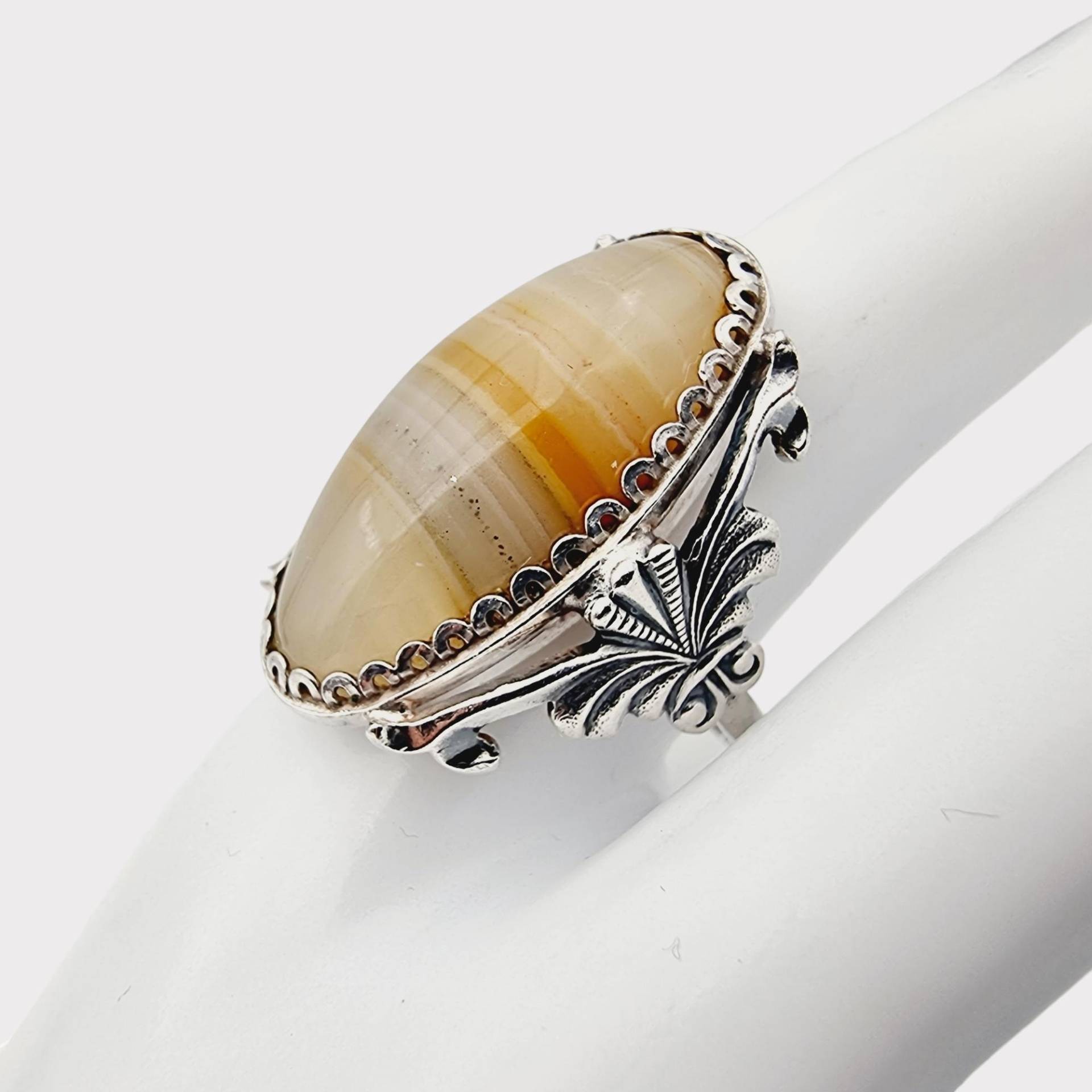 Vintage Sterling Silver Agate Statement Ring - Ornate Floral Design, Size 60 | Us 9 von detaschmuck