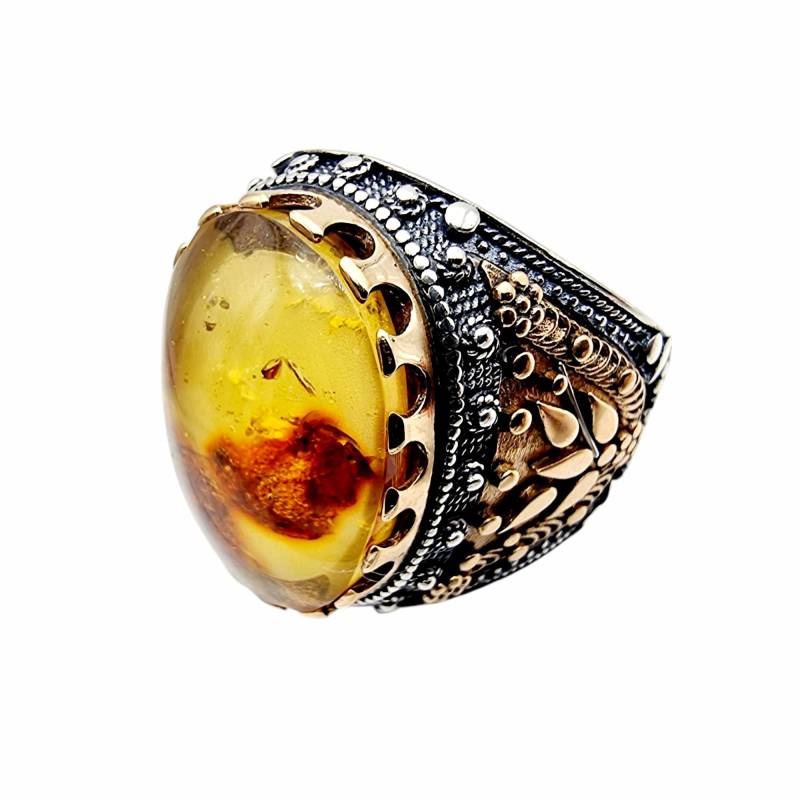 Vintage Sterling Silver Amber Statement Ring - Ornate Bohemian Design Gold Accents- Size 64 von detaschmuck