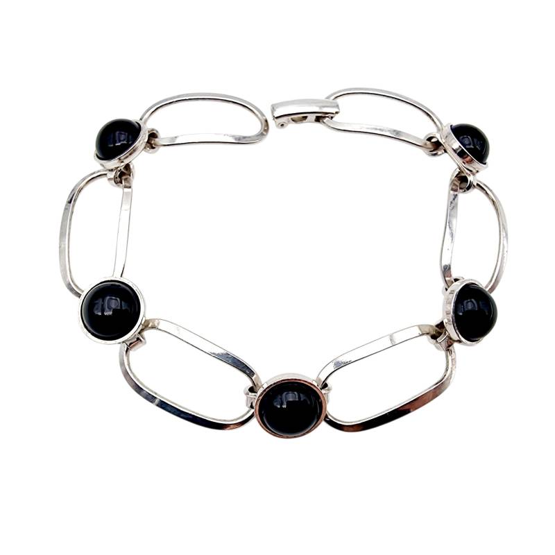 Vintage Sterling Silver Bracelet With Black Onyx Cabochons, Modernist Geometric Design, 1980S-90S von detaschmuck