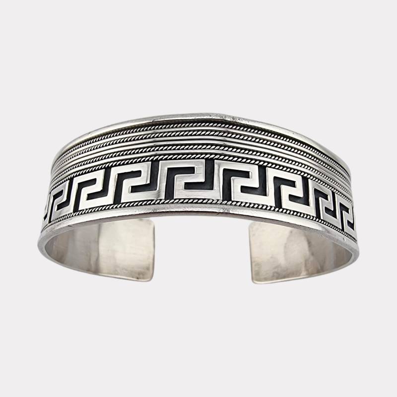 Vintage Sterling Silver Greek Key Cuff Bracelet - Hk 925 Hallmarked, Mid-Century Modernist Design von detaschmuck