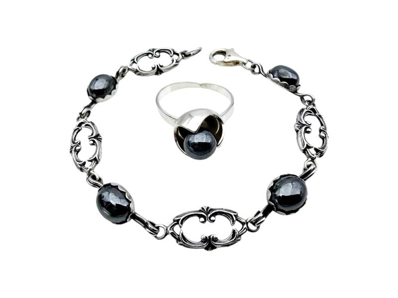 Vintage Sterling Silver Hematite Bracelet & Ring Set - Ornate Design Stones von detaschmuck
