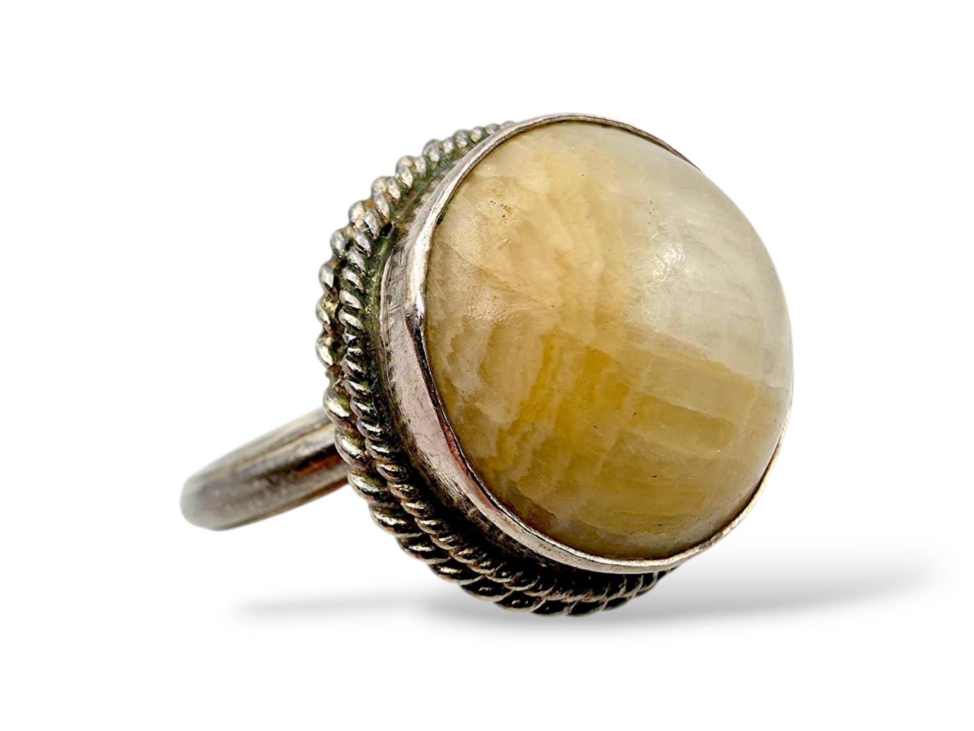 Vintage Sterling Silver Honey Calcite Ring, Boho Rope Design, Natural Yellow Stone, Handmade 925 Artisan Size 54 von detaschmuck