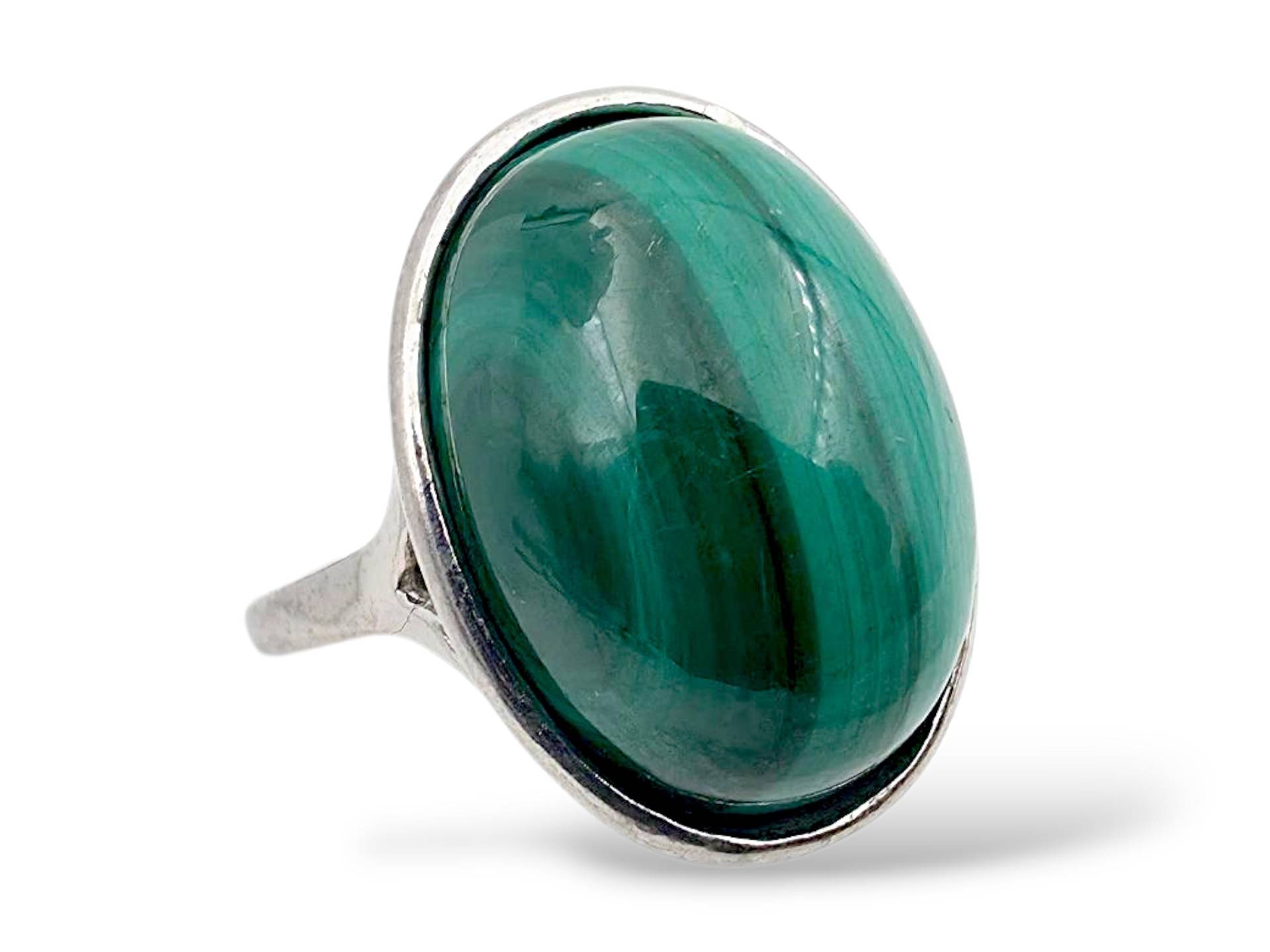 Vintage Sterling Silver Malachite Ring - Large Oval Green Gemstone, 1970S Modernist Statement Jewelry, Size 54 | Us 6.75 von detaschmuck