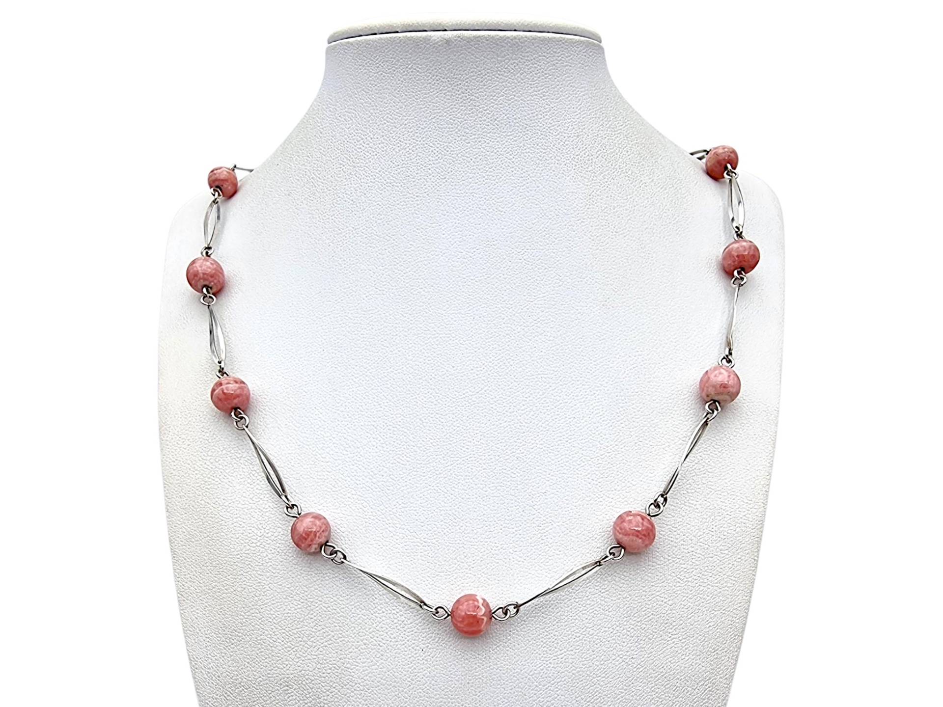 Vintage Sterling Silver Rhodochrosite Necklace, 1960S Pink Gemstone Beaded Chain, Long 64cm Link Design, 27G von detaschmuck