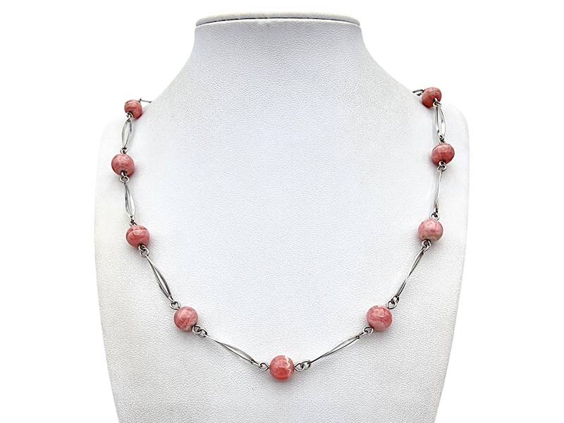 Vintage Sterling Silver Rhodochrosite Necklace, 1960S Pink Gemstone Beaded Chain, Long 64cm Link Design, 27G von detaschmuck