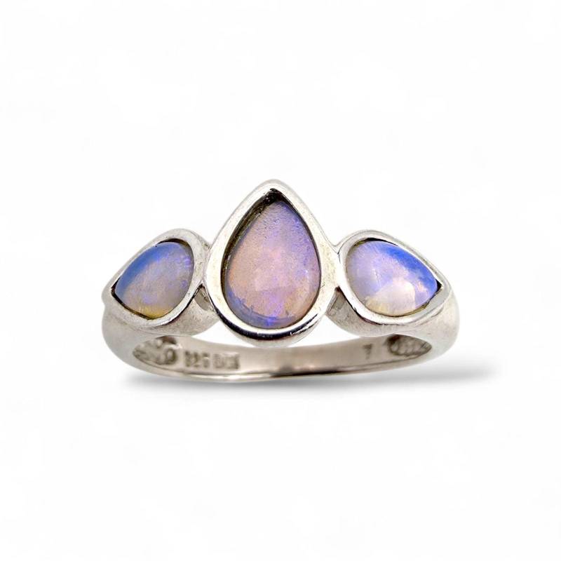 Vintage Sterling Silver Ring With Blue Fire Moonstones - Triple Stone Design Size Eu 60 | Us 9 925 Rainbow Glow von detaschmuck