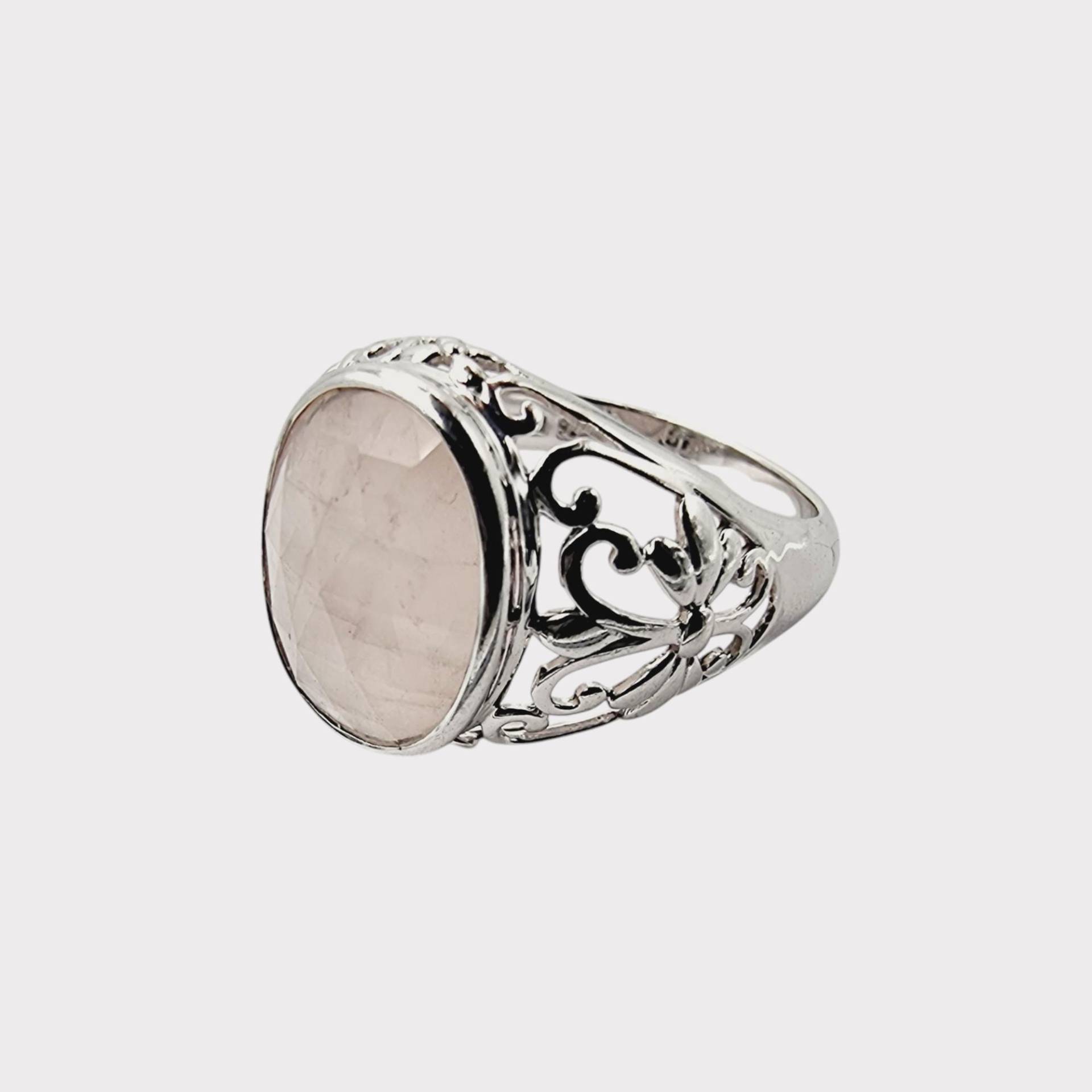 Vintage Sterling Silver Ring With Rose Quartz - Filigree Floral Design Size 63 | Us 10.5- Signed Tjm 925 von detaschmuck