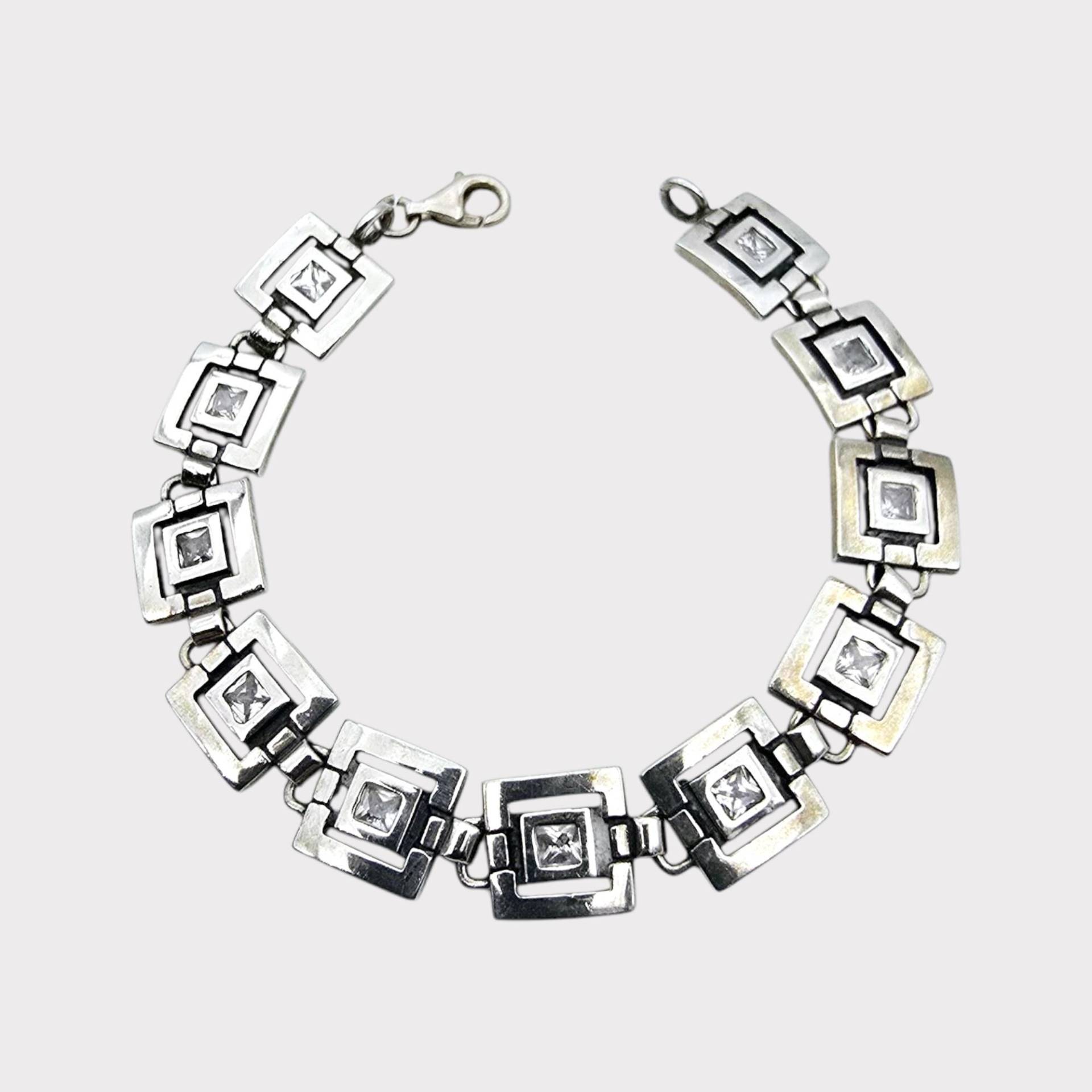 Vintage Sterling Silver Square Link Bracelet - 18 cm | 7.08" Geometric Design With Clear Stones von detaschmuck