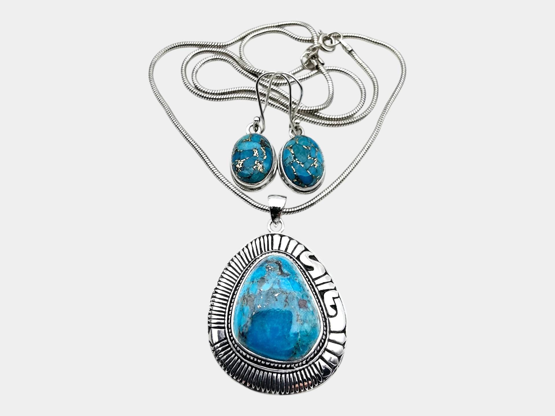 Vintage Sterling Silver Turquoise Pendant & Earring Set von detaschmuck