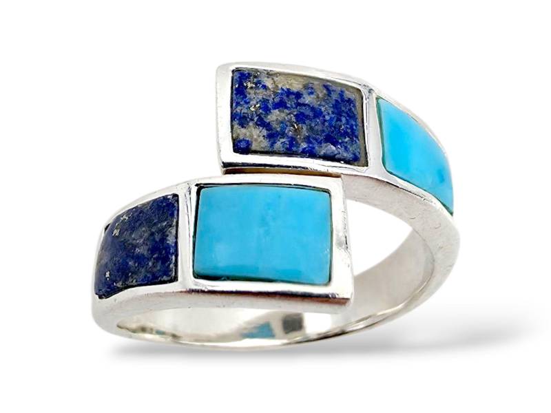 Vintage Sterling Silver Turquoise & Lapis Lazuli Inlay Ring - 1970S Modernist Bypass Design, Size 58 | Us 8.25 von detaschmuck