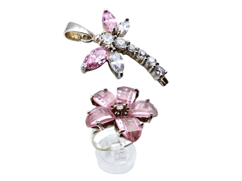 sterling Silver Dragonfly Pendant & Pink Flower Ring Set - Vintage von detaschmuck
