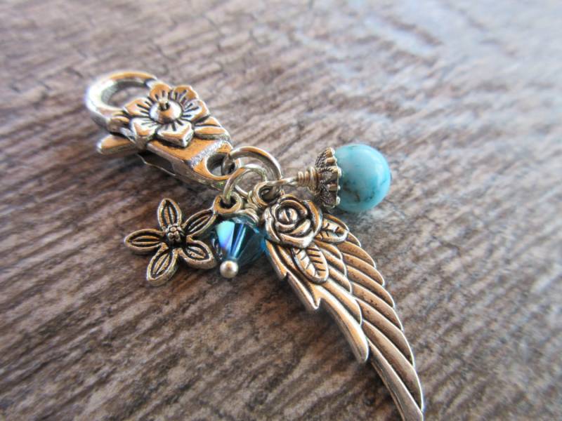 Silber Engel Flügel Geburtsstein Kristall Clip Auf Geldbörse Charme, Schlüsselanhänger Swarovski Kristall, Türkis Howlith, Taschenanhänger von deziningems