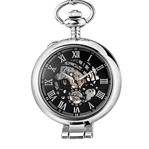 Pocket Watch Stainless Steel Men Pocket Watch Skeleton Dial Silver Hand Wind Mechanical Male Chain Watches Clock (Color : E) (B) von dfghjdfgas