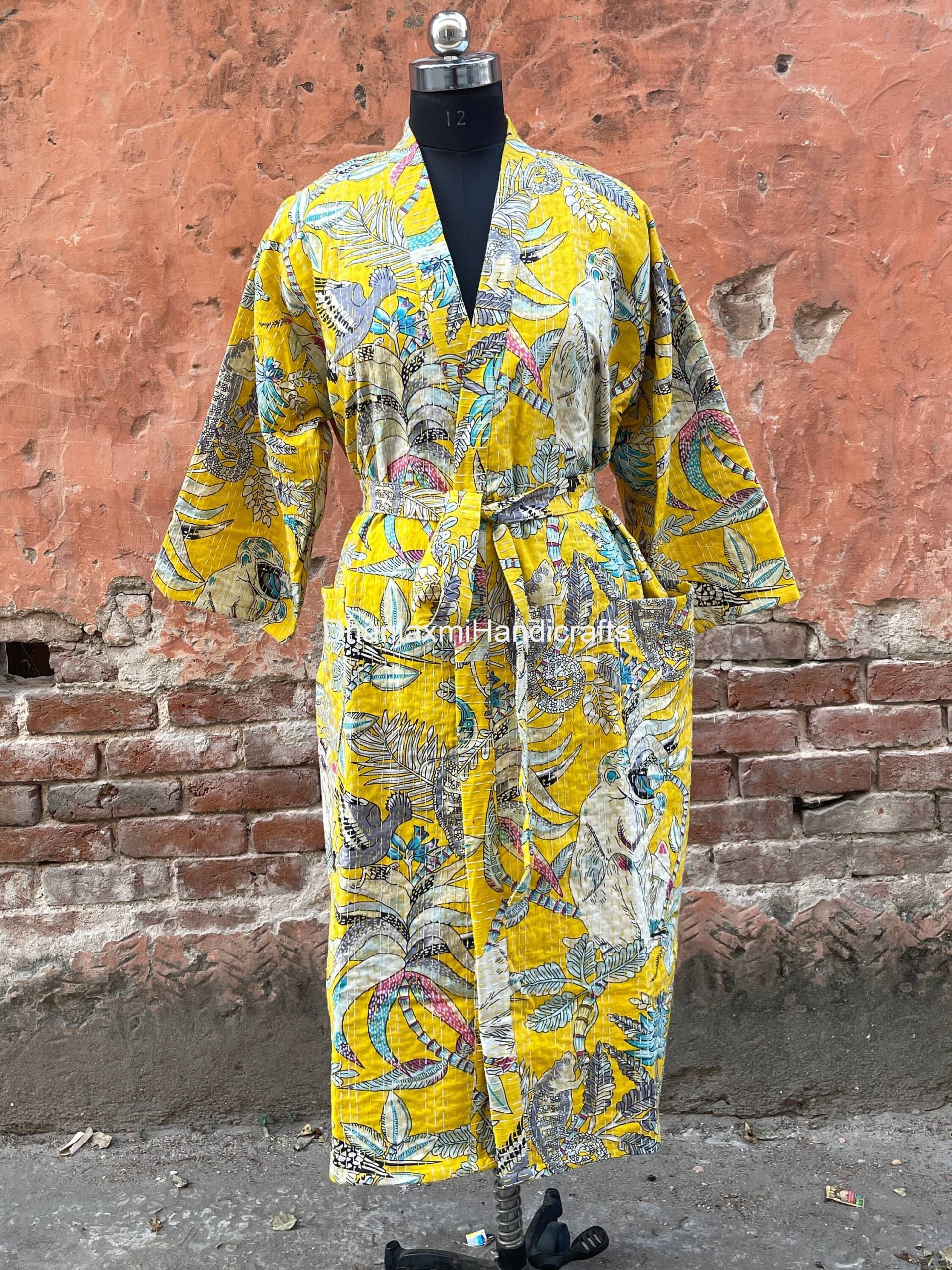Morgenmantel Brautjungfer Kleid Vertuschen, Affen-Print Baumwolle Kantha Kimono Style Bademantel, Handgemachte Robe, Bequeme Nachtwäsche Kk-157 von dhanlaxmihandicraft