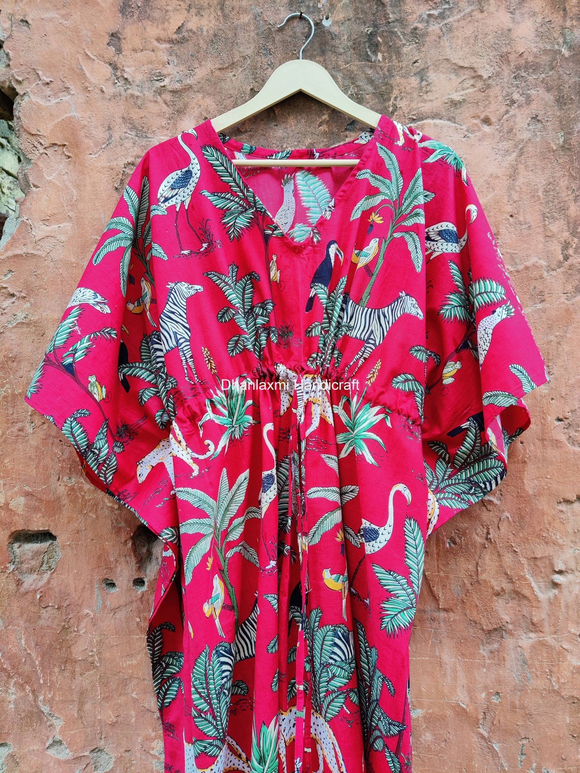 Rot Dschungel Print Kimono Roben Frauen Baumwolle Sommer Nachthemd, Strickjacke Floral Brautjungfer Bademantel Hippie Boho Strand Tunika, K-53 von dhanlaxmihandicraft
