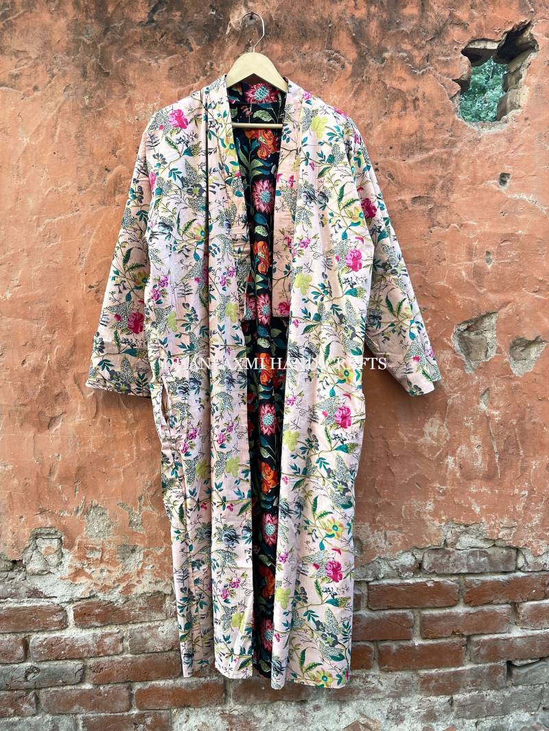 Wendbare Baumwolle Frühling Sommer Print Kimono Stil Kleid, Lange Mantel Robe Mit Gürtel, Maxi Brautjungfer Morgenmantel, Rck-25 von dhanlaxmihandicraft