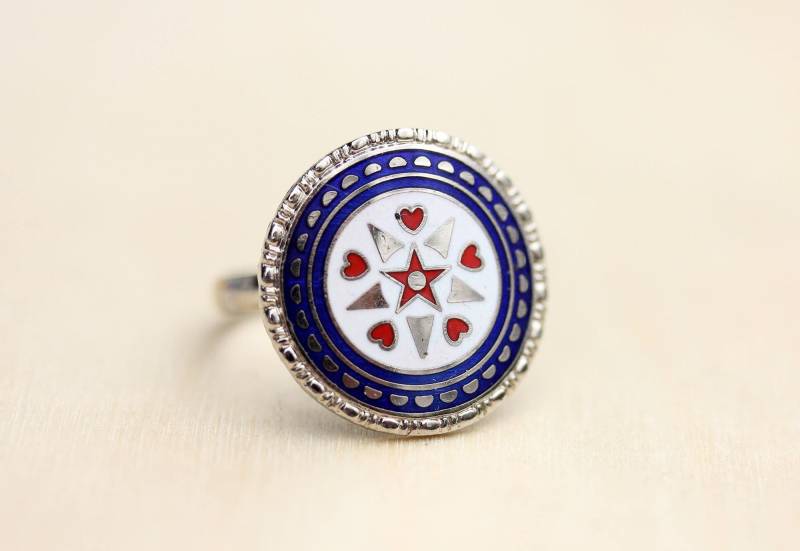 Emaille Ring, Hex Runder Symbol Silber Email Verstellbarer Vintage Ring von diamentdesigns