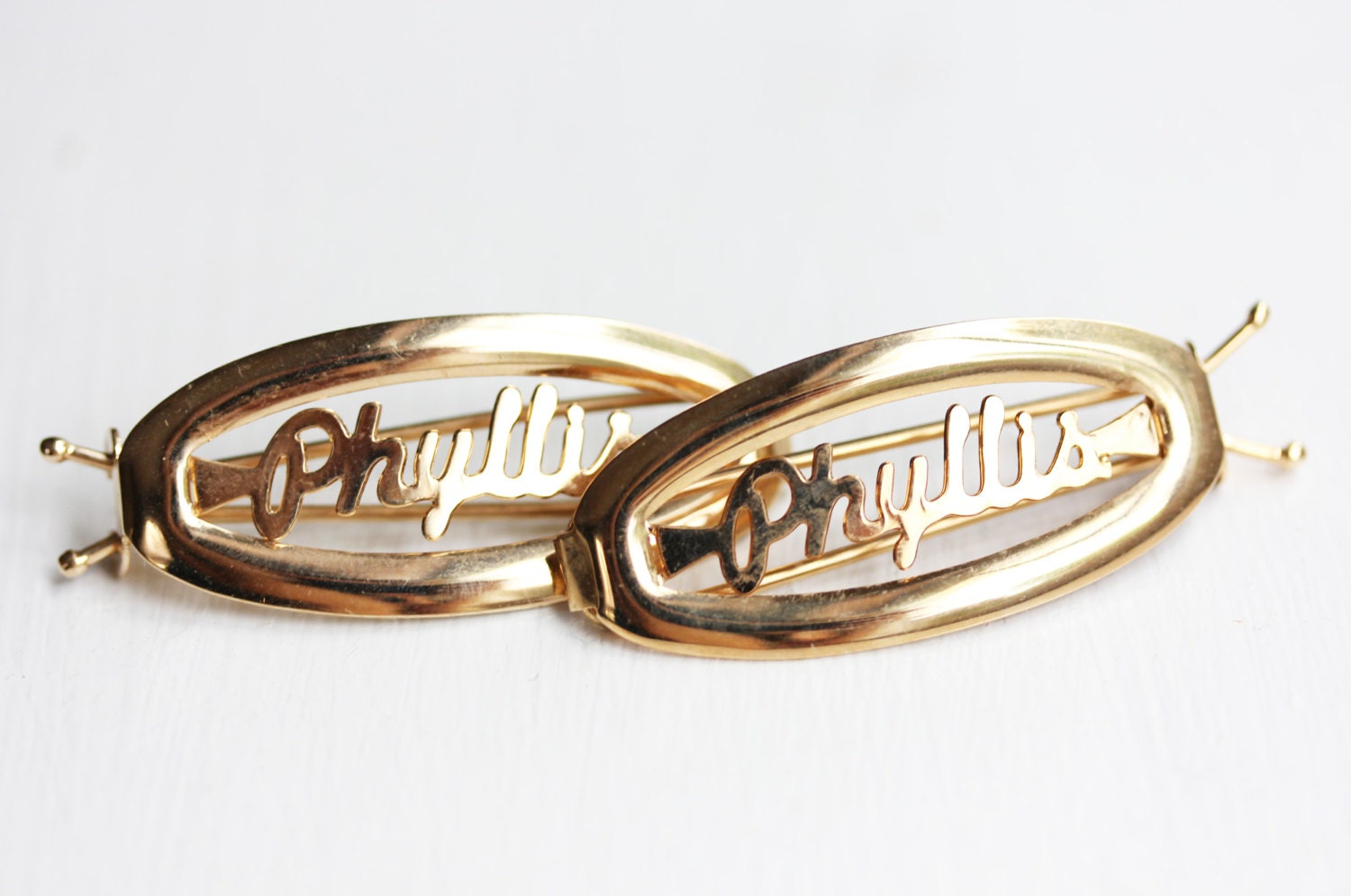 Phyllis Haarspangen Gold, Name Haarspangen, Vintage Gold Clips, Schmuck von diamentdesigns