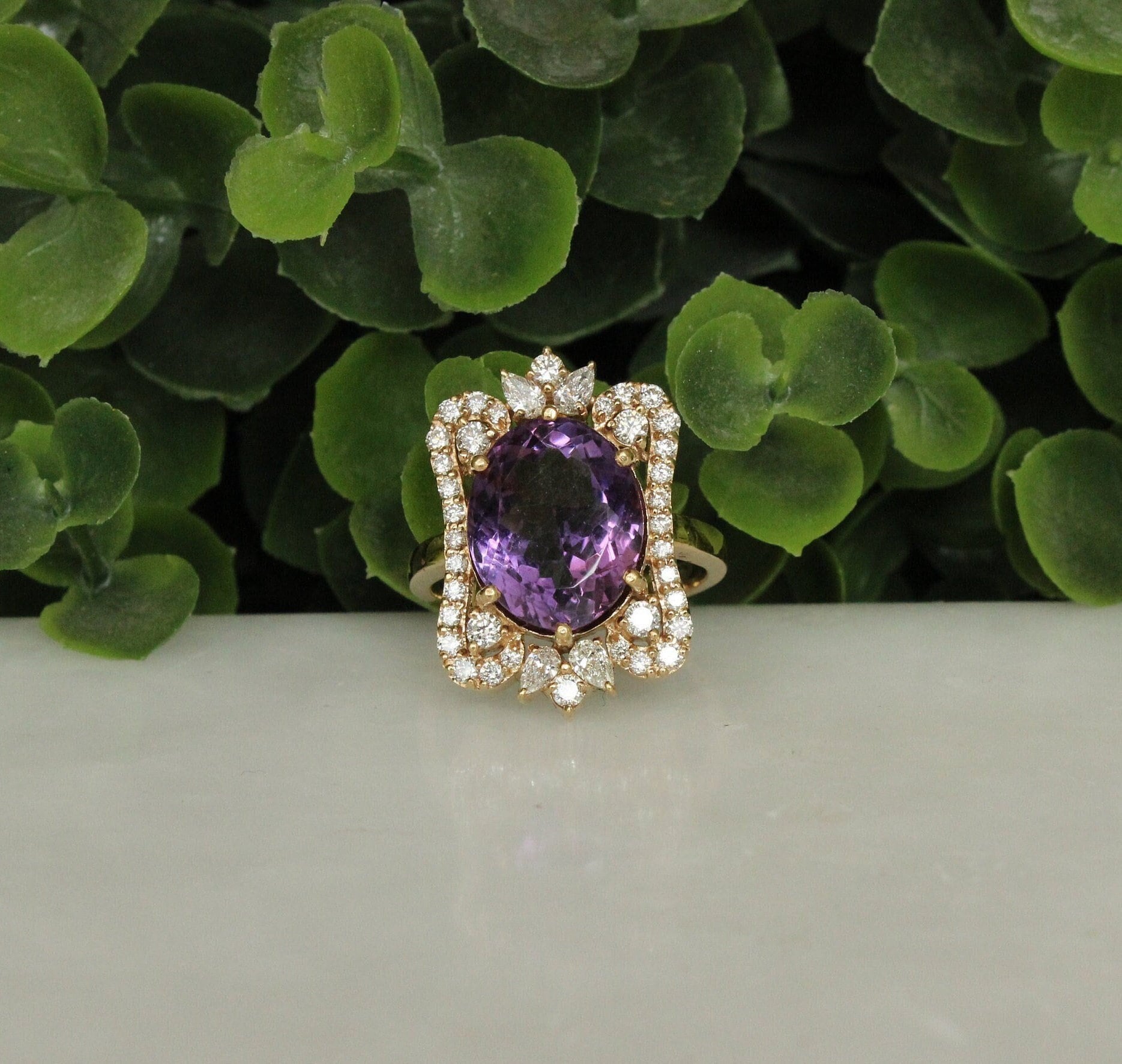 Amethyst Diamant Ring, 14K Massivgold, Naturdiamanten, Cocktailring, Facettierter Ovaler Edelsteinringe, Geschenk Für Sie von diamondaffaire