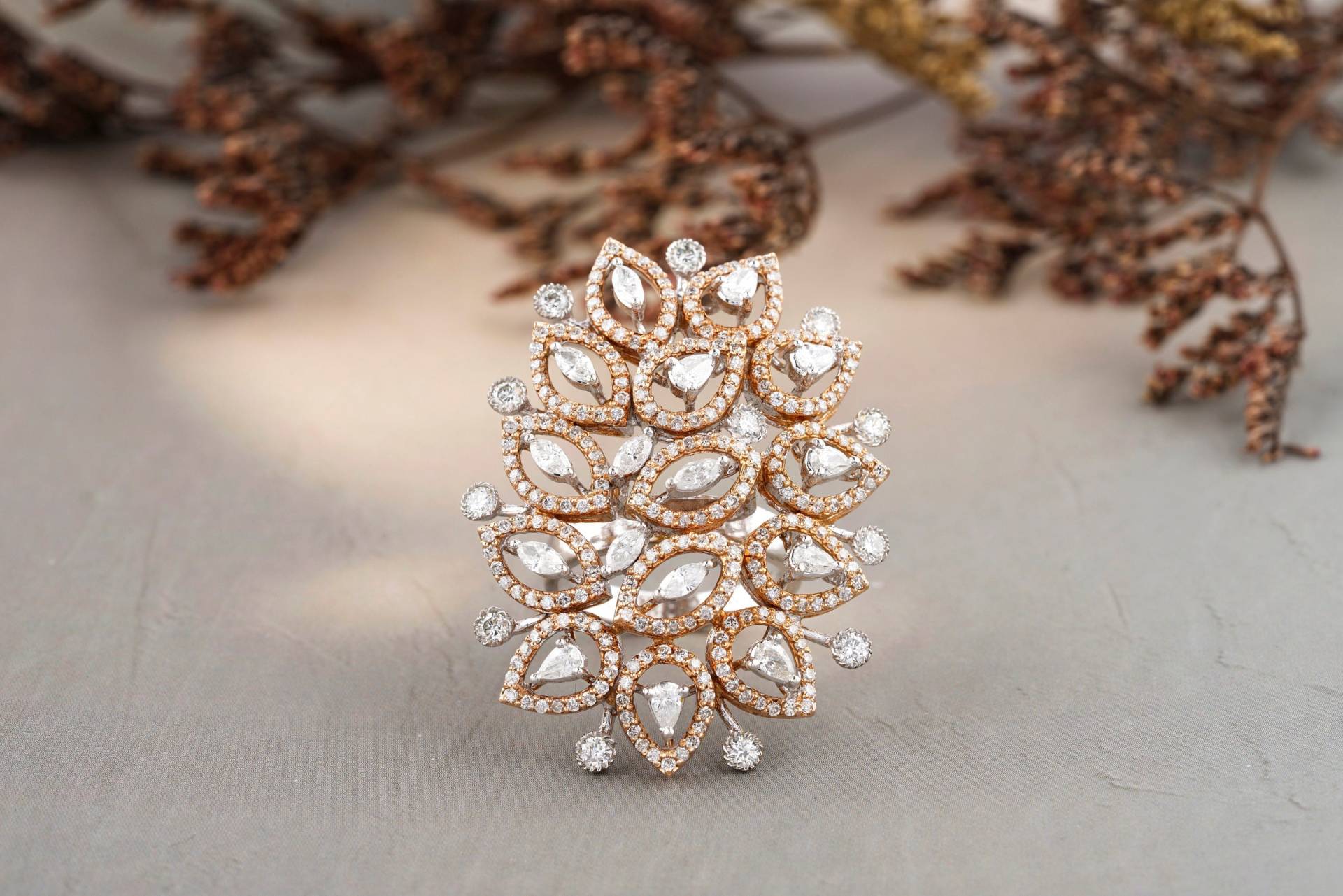 Birne & Marquise Blätter Diamant Ring, Cocktail 14K Solid Gold, Natürliche Diamanten, Fancy Dual Tone, Geschenk Für Sie von diamondaffaire