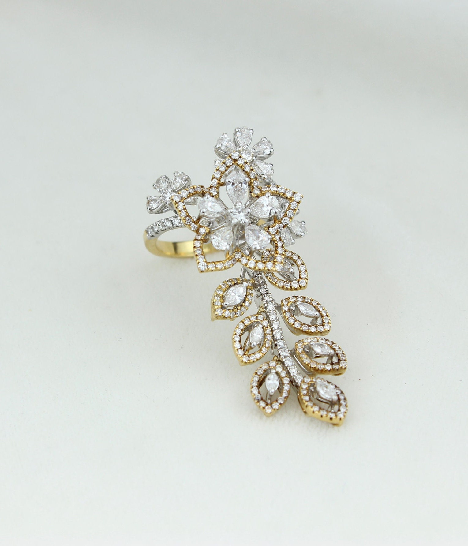 Blätter Blumenzweige Diamantring, Marquise & Pears Ring, 14 K Gold, Naturdiamanten, Cocktail Geschenk Für Sie von diamondaffaire