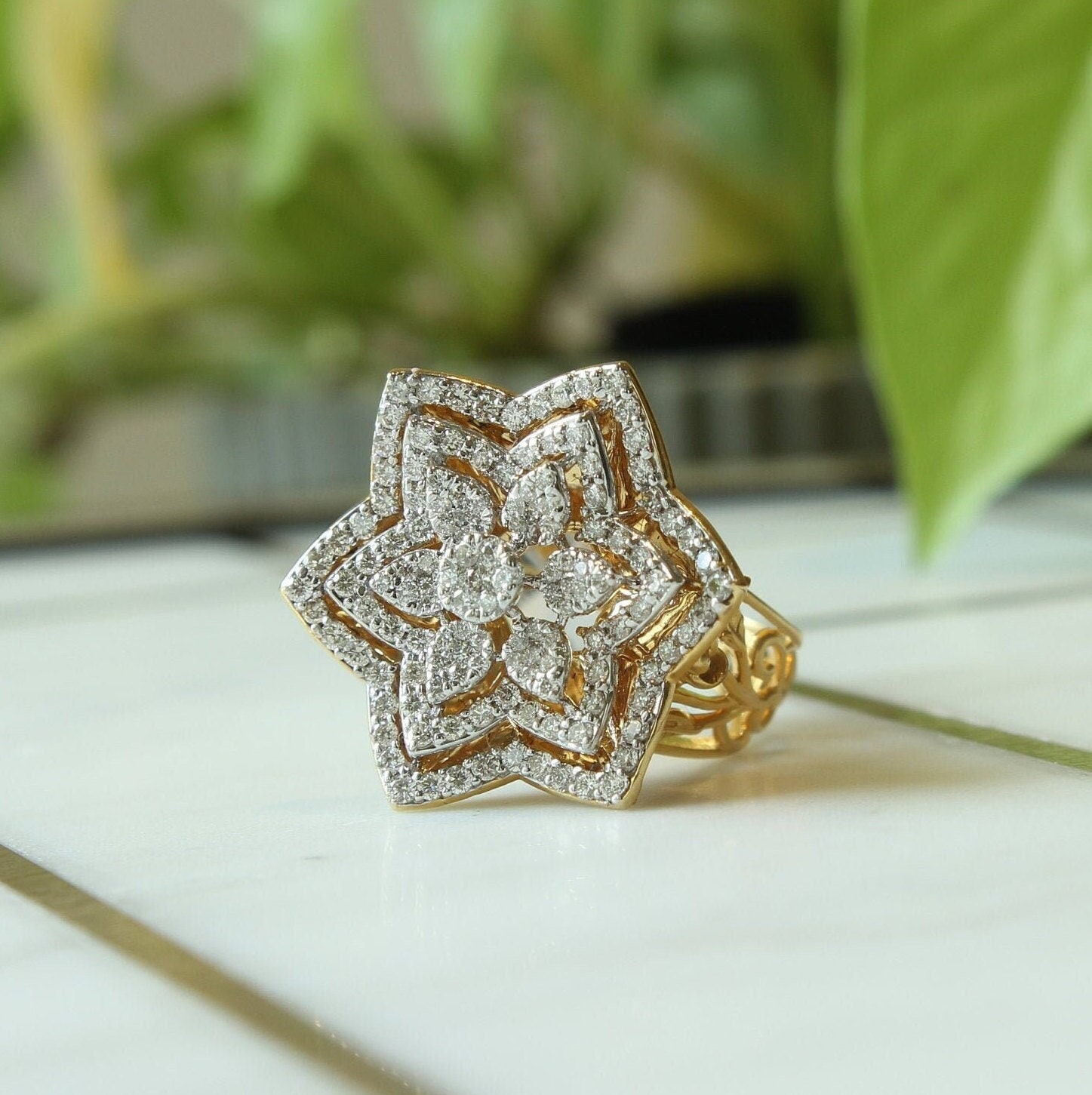 Blumen Diamant Ring, Cocktail Blume 585 Gold, Natürliche Diamanten, Geschenk Für Sie von diamondaffaire